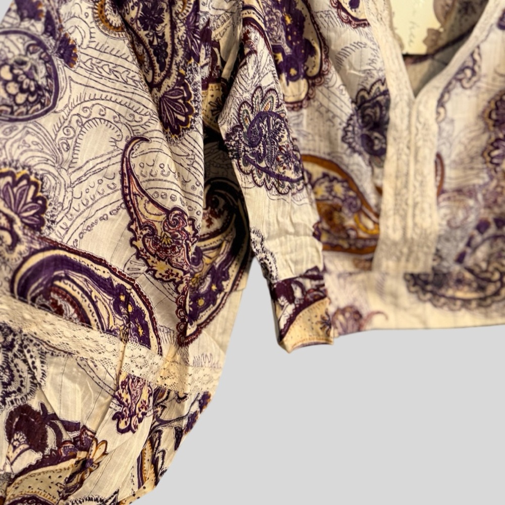 Boho Paisley V-Neck Blouse with Lace Trim - Purple/Cream Sz S NWT - Picture 4 of 6